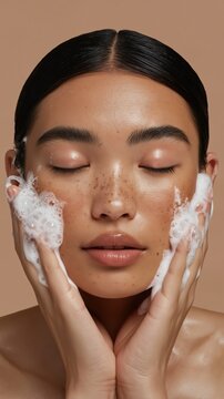 Luxury skincare portrait of a woman gently cleansing her face with rich foam. Bubbles and creamy texture highlight a serene, spa-inspired self-care moment.
