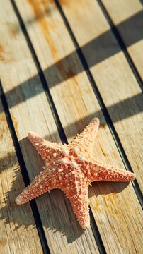 A single starfish rests on a sunlit teak yacht deck, casting gentle shadows. Minimalist still life radiates a calm Mediterranean summer mood with sand and coral tones.