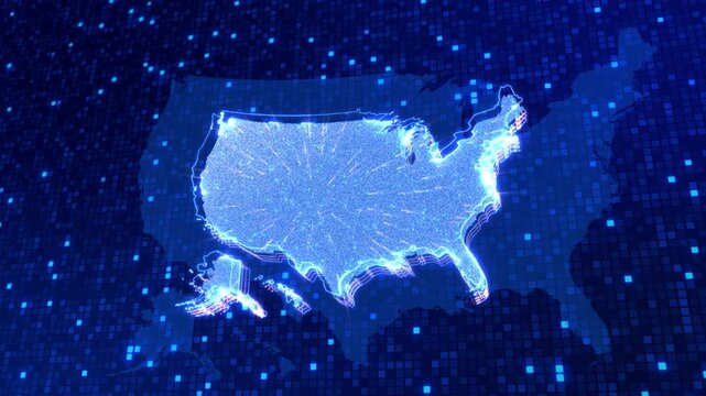 Glowing American map appears world map pixel environment. worldwide cloud systems, economic networks, digital infrastructure, international trade, AI analysis global 19 presentations.
