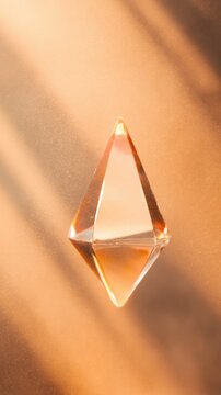 A floating crystal prism glows amid warm amber dust and gentle light rays. This magical abstract scene radiates luxury, softness, and luminous elegance.