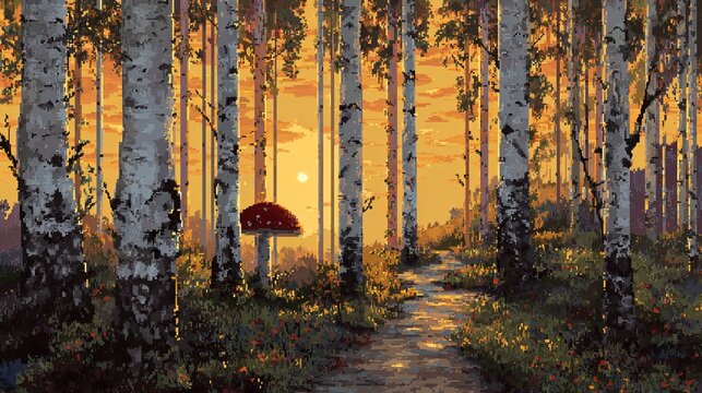 Vibrant pixel art birch forest landscape features a solitary red mushroom glowing under the warm golden rays of sunset light