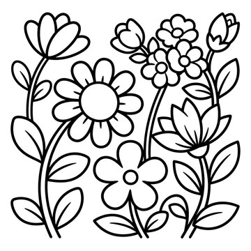 Black and White Floral Illustration with Various Flowers.