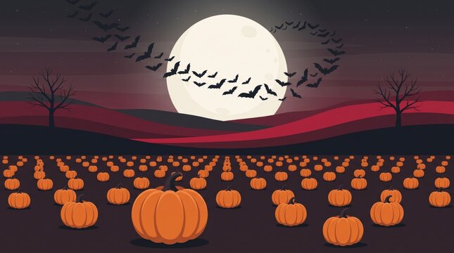 Spooky halloween pumpkin patch field with a full moon and flying bats for a festive holiday background design