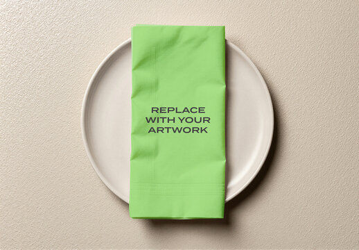 Vertical napkin mockup on a ceramic plate in minimalist table setting, flat lay presentation with text placeholder, stationery branding display, print template for commercial use
