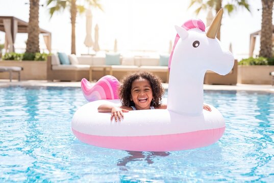 Happy little girl swimming pool inflatable unicorn float summer fun