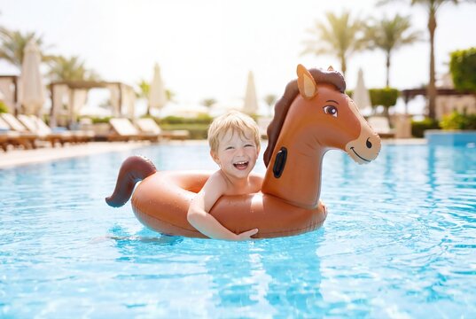 Happy toddler boy swimming pool inflatable horse float summer vacation