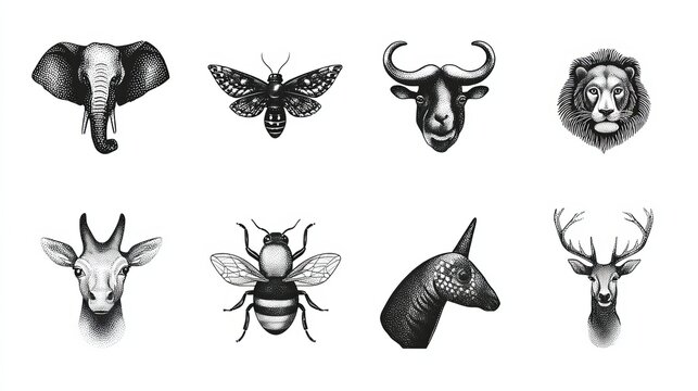 Detailed monochrome animal illustrations featuring elephant lion bull giraffe bee moth rhinoceros and deer sketches on a clean white background