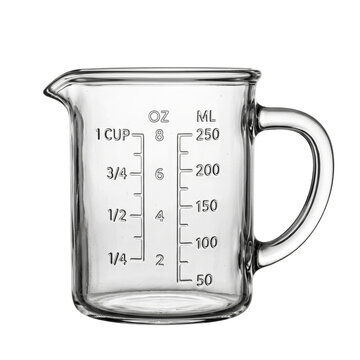 Clear glass measuring beaker cup on transparent background