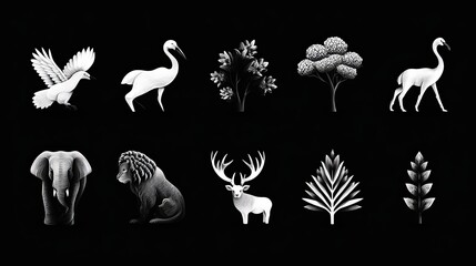 Obraz premium Intricate hand drawn animal and botanical silhouettes arranged in rows isolated against a solid black background creating elegant artistic patterns