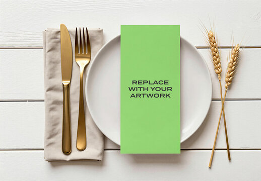 Vertical brochure mockup on a white plate with gold cutlery and wheat stalks, flat lay wooden table, natural lighting, minimalist stationery branding presentation, template
