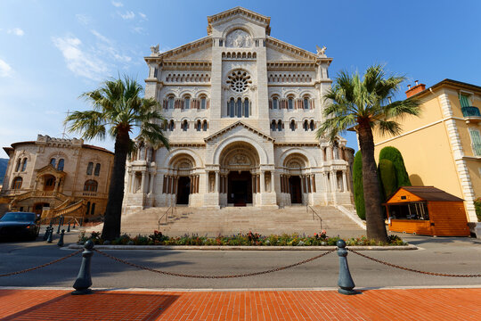 Monaco Cathedral facade with Romanesque-Byzantine architecture.