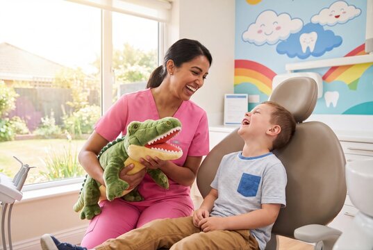 Pediatric dentist and happy child laughing with toy crocodile in clinic
