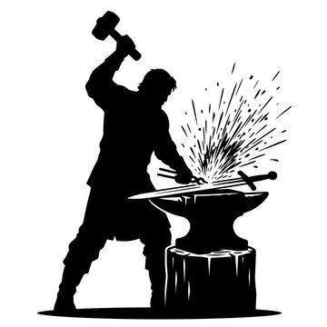 Blacksmith Forging Medieval Sword on Anvil Silhouette with Flying Sparks