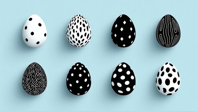 Decorative easter eggs featuring diverse monochrome geometric patterns arranged neatly in two horizontal rows on a soft light blue background