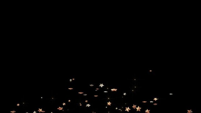 Shiny metallic star confetti floats space elegant gold, copper, and silver tones. gala events, trophy reveals, milestone promotions, holiday greetings, stage graphics, success celebration backgrounds.