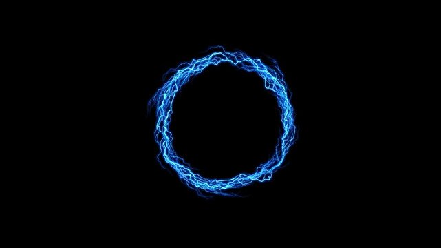 Powerful blue electricity spins plasma ring lightning black. virtual portals, broadcast graphics, game trailers, energy effects, cyber interfaces, reactor visuals, logo openings, circular transitions.