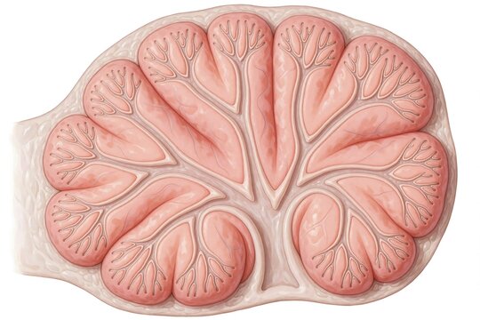 Cross-section shows human salivary gland lobules and ducts. Medical illustration details internal structure, vital for dental or medical education and research publications.