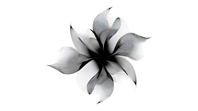 Abstract black and white flower shape formed by delicate fine lines creating a symmetrical botanical pattern on white background design