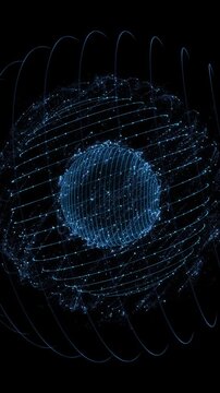 Glowing blue lines and particles rotating digital sphere orbital networks artificial intelligence, neural systems, quantum computing, data, internet communication, analytics, technology presentations.