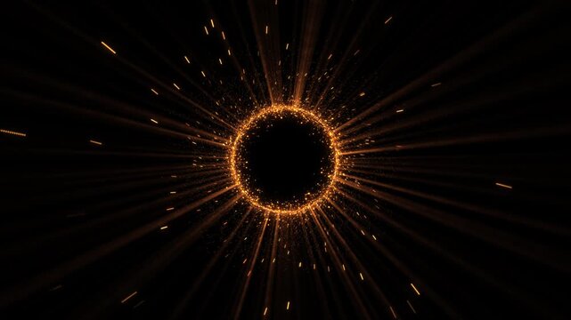 Orange plasma circular center while bright sparks light beams radiate outward. eclipse animations, quantum gateways, reactor visuals, broadcast reveals, teleport effects, dramatic energy transitions.