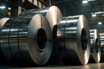 Naklejka na ściany i meble Large metal coils stacked in a factory warehouse. Raw material for production, heavy industry supply, rolled steel sheet stock. Industrial interior, manufacturing background, bulk material storage.