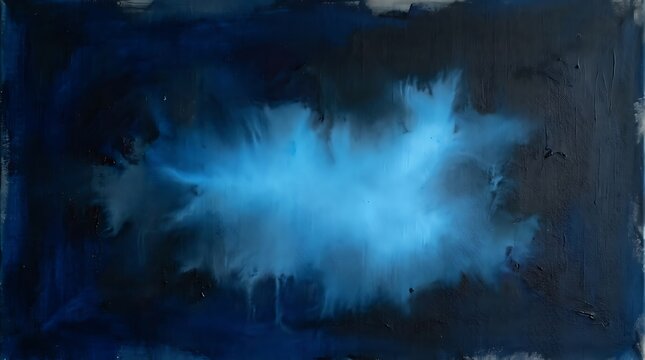 Abstract painting with a central burst of bright blue light bleeding into deep dark navy and black edges, featuring textured paint strokes and ink wash effects on a canvas surface