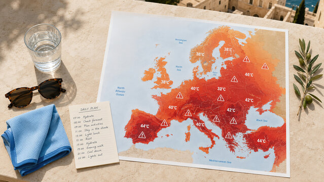Heat wave map of Europe showing extreme high temperatures. Warning signs and daily plan for survival during hot weather. Climate change impact on summer weather and public safety concept.