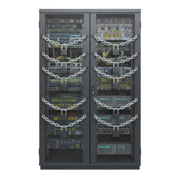 Secure server rack with network hardware isolated transparent background isolated on transparent background