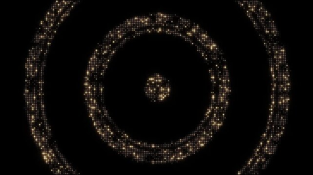 A rotating dotted light pattern luminous golden circle dark background. modern logos, stage graphics, premium advertising, digital interfaces, broadcast titles, event reveals, circular motion designs.
