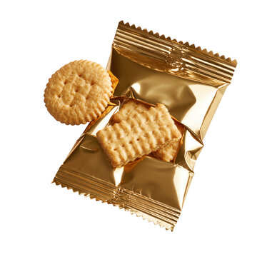 Foil snack packaging with biscuits inside is placed on a clean surface in a bright setting