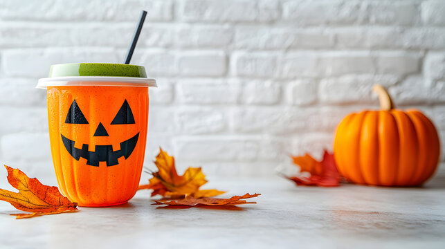 A glass of matcha coffee painted as a Halloween pumpkin near pumpkins and autumn leaves on a white brick background