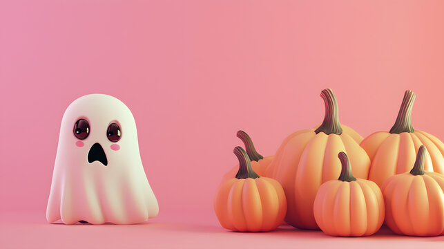 A sad ghost near pumpkins on a soft pink background