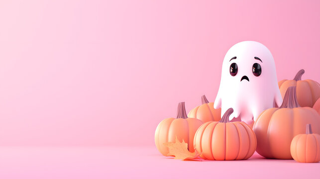 A sad ghost near pumpkins on a soft pink background