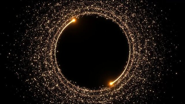 Glowing gold arcs orbit center, sparkling dust radiant highlights. cinematic openers, gala announcements, brand presentations, celebration titles, product reveals, decorative frames, magical motion