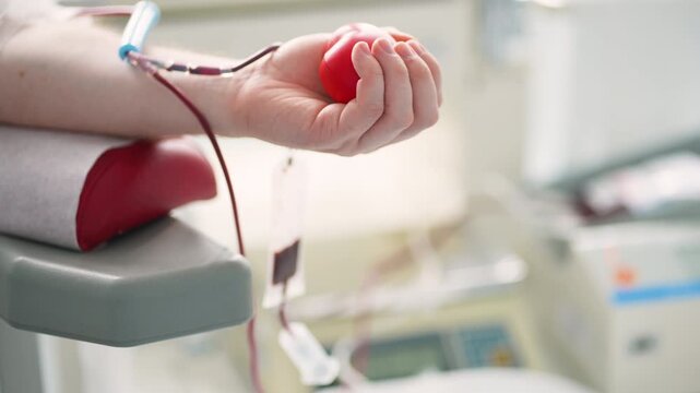 Person donating blood and squeezing a red ball
