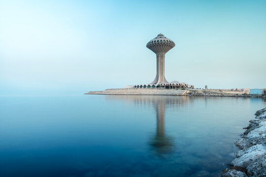 The iconic Al Khobar Water Tower rises above the coastline