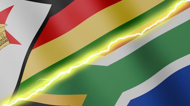 Two waving flags Zimbabwe and South Africa with diagonal lightning seamless, 4k loop