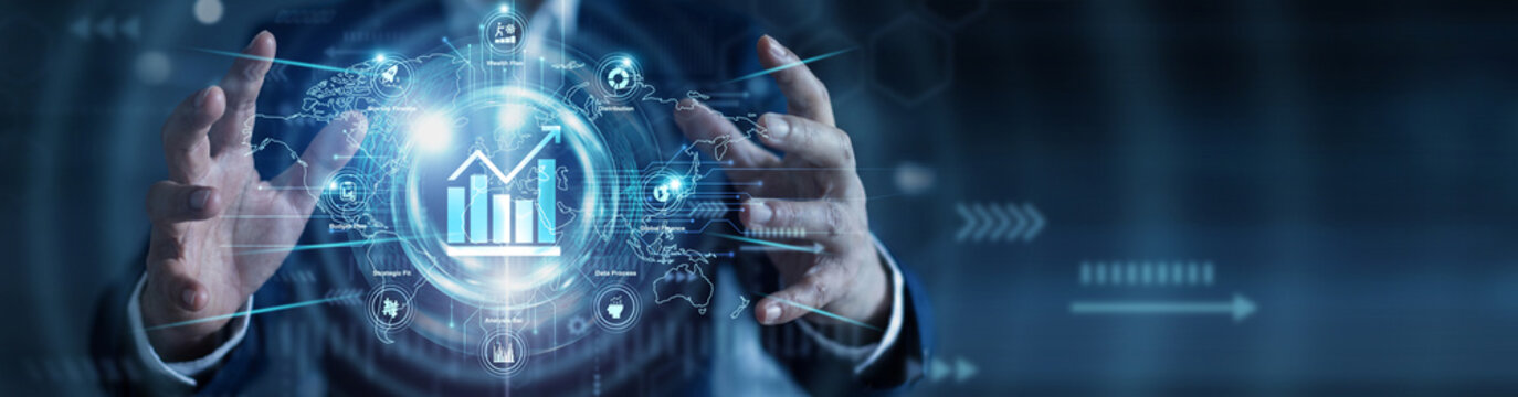 Fiscal insights. Quantitative analyst holding glowing financial analytics charts over a global network on an abstract dark background. Market trends and revenue forecast.