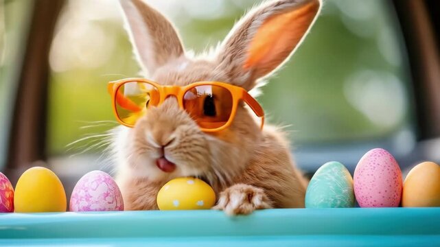 Adorable bunny in sunglasses surrounded by colorful easter eggs outdoors. Easter, Pascha, Paskha, Ostern, Pascua, Paques - Orthodox and Catholic Holiday celebration