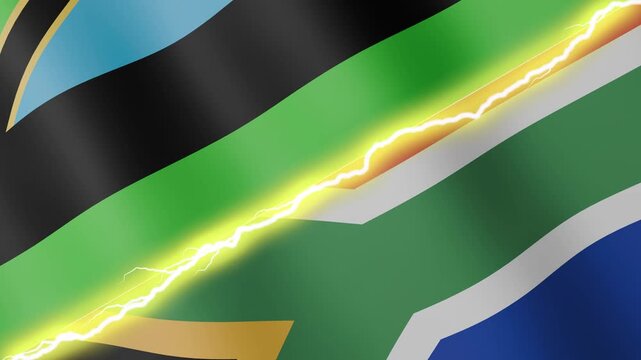 Two waving flags Zanzibar and South Africa with diagonal lightning seamless, 4k loop