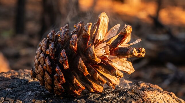 Pi&ntilde;a de pino serotina abri&eacute;ndose por calor extremo