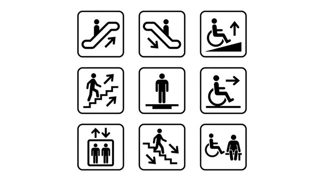 Minimalist vector graphic set showing public facility navigation icons with sharp black lines and white backgrounds