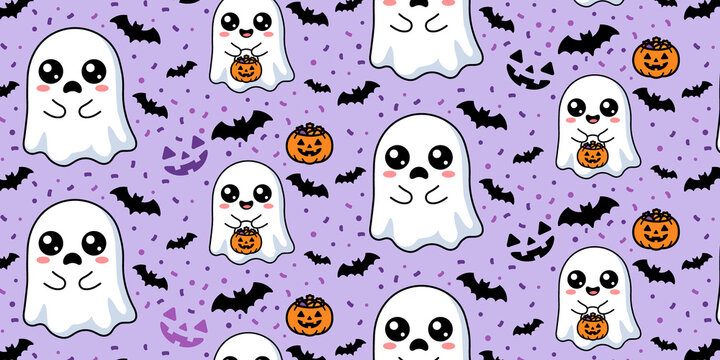 Cute ghost and pumpkin pattern with bats on purple background for halloween fabric print wallpaper design wrapping paper textile project.