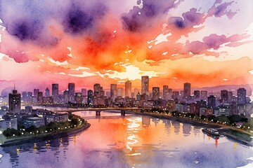Fototapeta premium Watercolor city skyline at sunset, vibrant orange and purple sky reflected in river. Buildings and bridge illuminated, urban landscape painting evokes peaceful evening mood.
