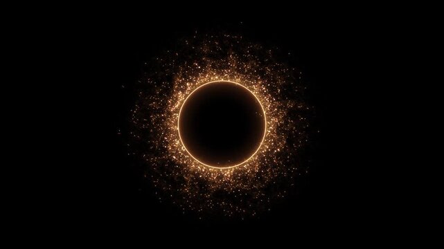 Radiant gold particles orbit circular center, solar portal luminous corona. astronomy visuals, gala , brand reveals, fantasy gateways, event graphics, title frames, sophisticated transitions.