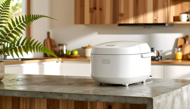 Wide shot of a sleek matte white rice cooker resting on a modern kitchen island.