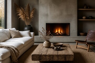 Fototapeta premium Neutral living room with fireplace and rustic wooden table