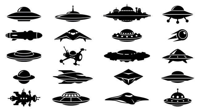 Grid Set of Classic UFO and Alien Spaceship Silhouettes Isolated on White