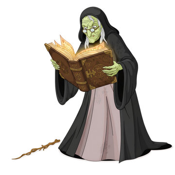 A green skinned witch wearing a black cloak reads an open magical spellbook while isolated on a plain transparent background for design.