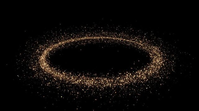 luminous ellipse of gold dust, bokeh, sparkling particles frame over black. gala anniversary product reveals, celebration graphics, title templates, luxury advertising, and graceful transitions.